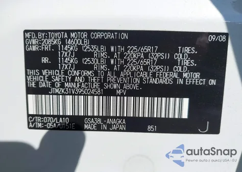 2009 Toyota Rav4 Limited V6 z USA, uszkodzony, nr VIN JTMZK31V395024581